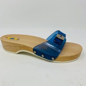 Dr‎ Scholls vintage Wooden Slide Sandals Womens 7 Blue Original Clog Shoes Italy